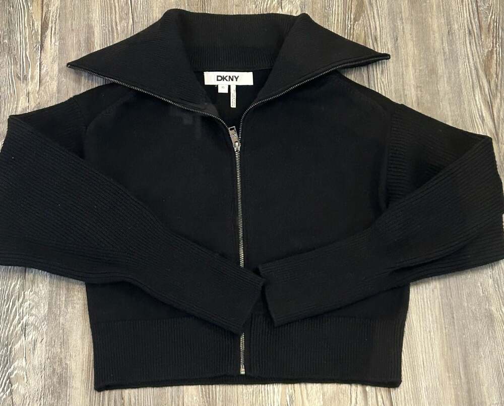 DKNY Black Ribbed Knit Full Zip Cropped Sweater Jacket